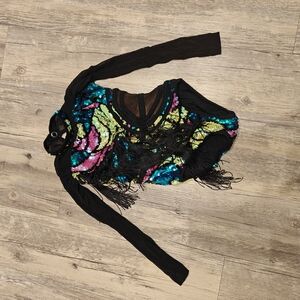 Kids Black Sequin Fringe Dance Top with Bright Multicolor Accents